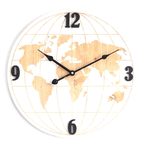 Mdf Wall Clock World Map Golden White Backgroup Decoration 